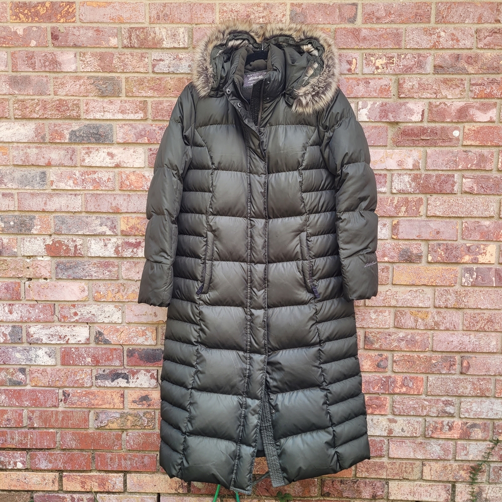 Eddie Bauer Lodge Dark Green Hooded Down Duffle Coat with Faux Fur Trim